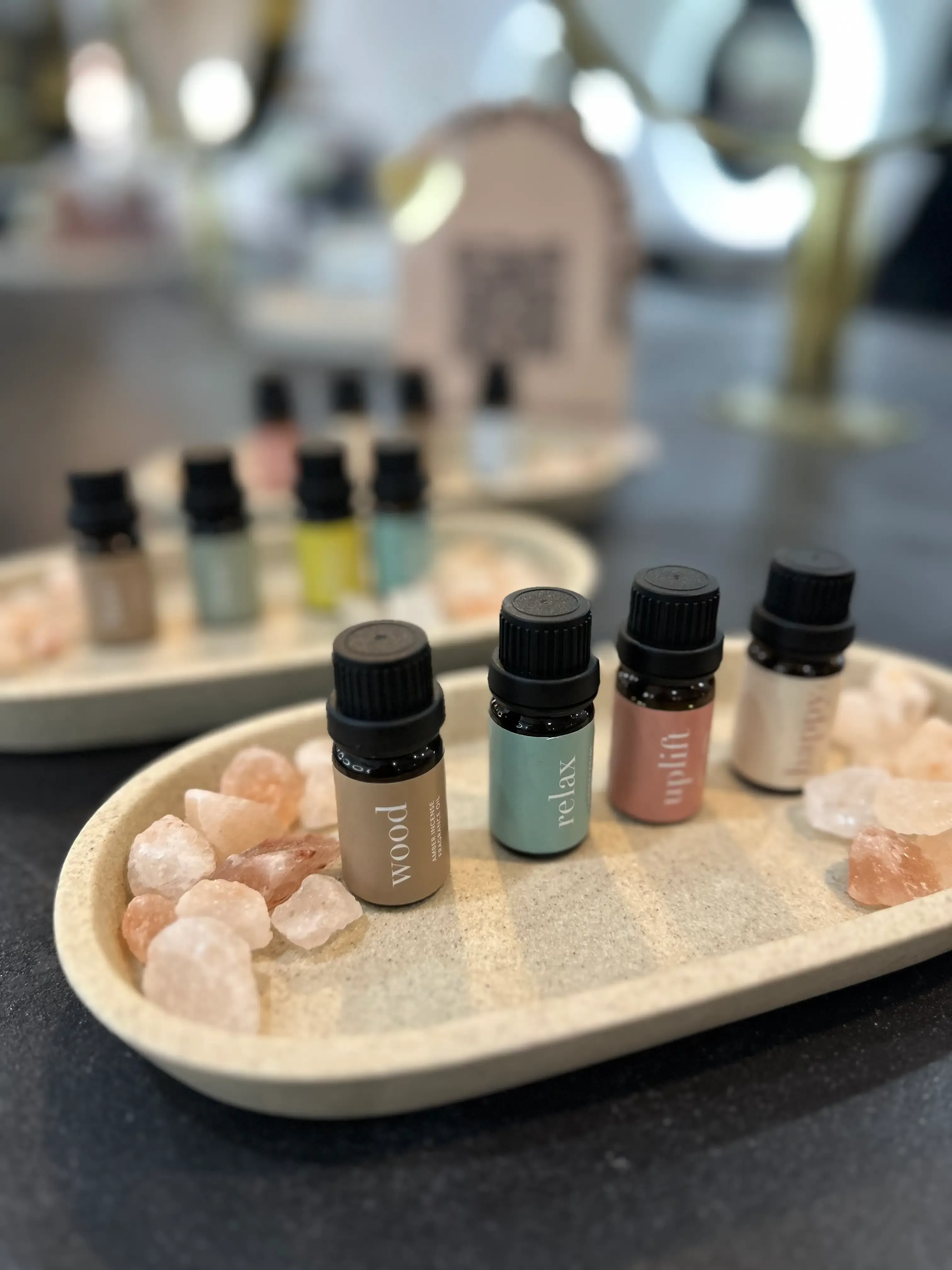 Head spa oils and salt stones prepared for a treatment at Runway